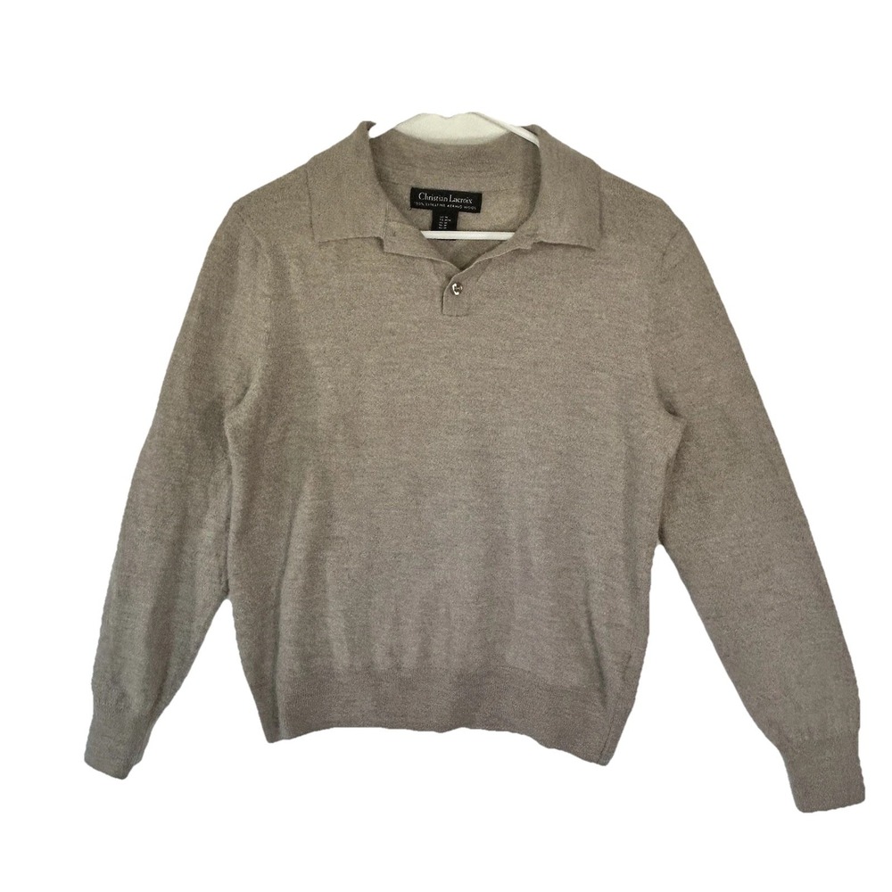 Vtg Christian Lacroix Men's Polo Sweater 100% Extra Fine Merino Wool Oatmeal Med